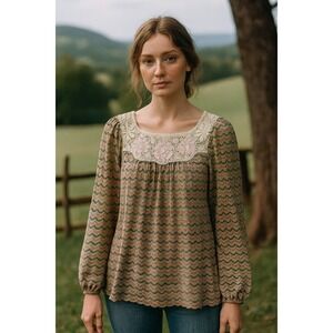 Free People New Romantics Top Womens XS Brown Striped Lace Beaded Boho Prairie